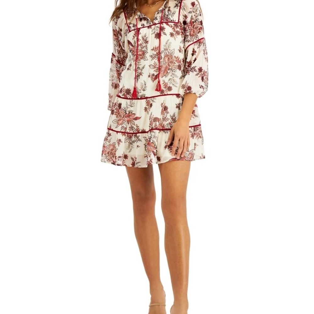 Great Jones Red And Cream Floral Sheer Mini Puff Sleeve Mini Dress Sz Small